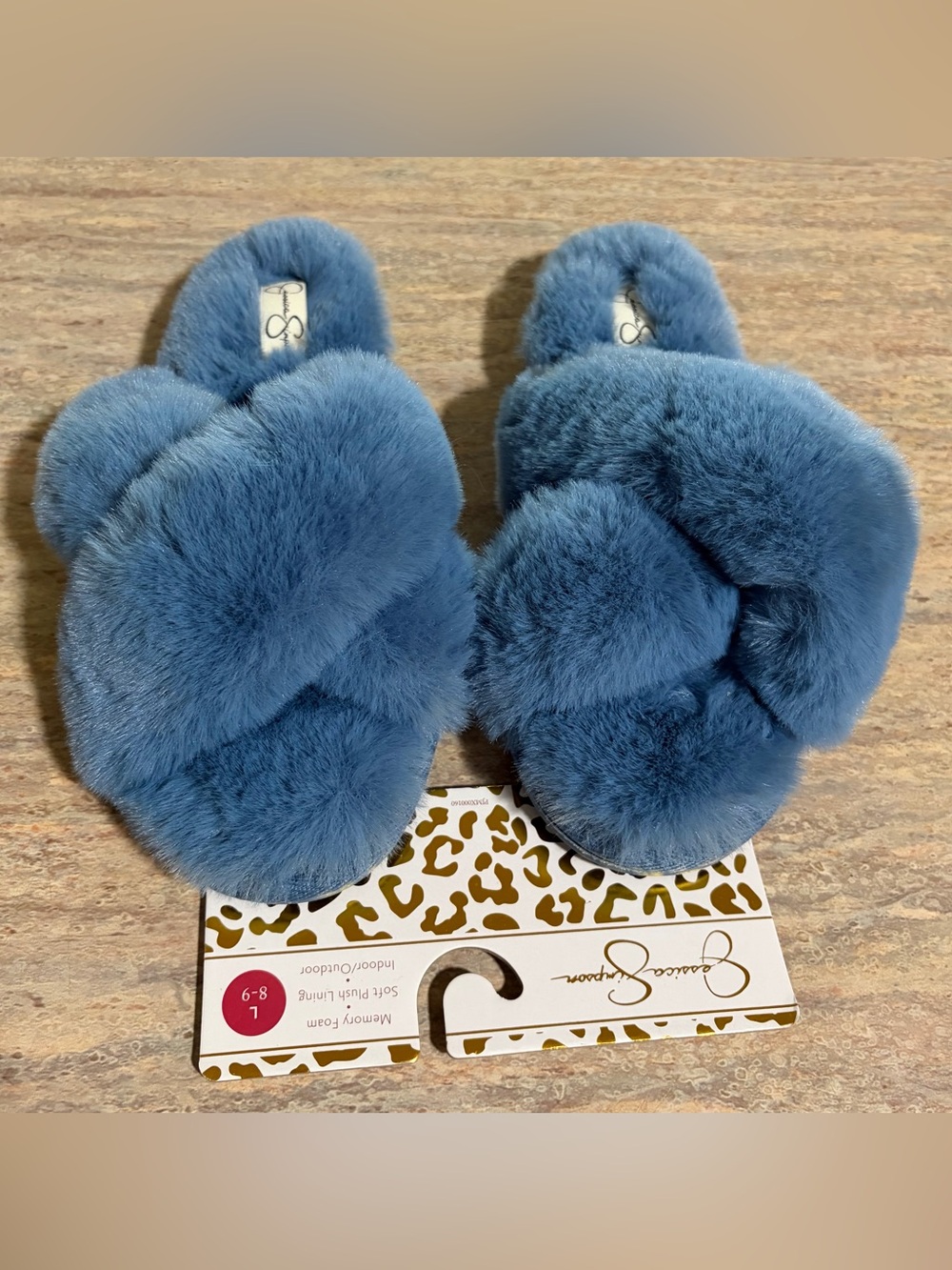 NWT Jessica Simpson Blue Faux Fur Crisscross Slide Slippers